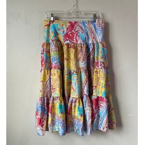 Lauren Ralph Lauren Multicolor Paisley Print Silk Midi A-Line Pull On Skirt